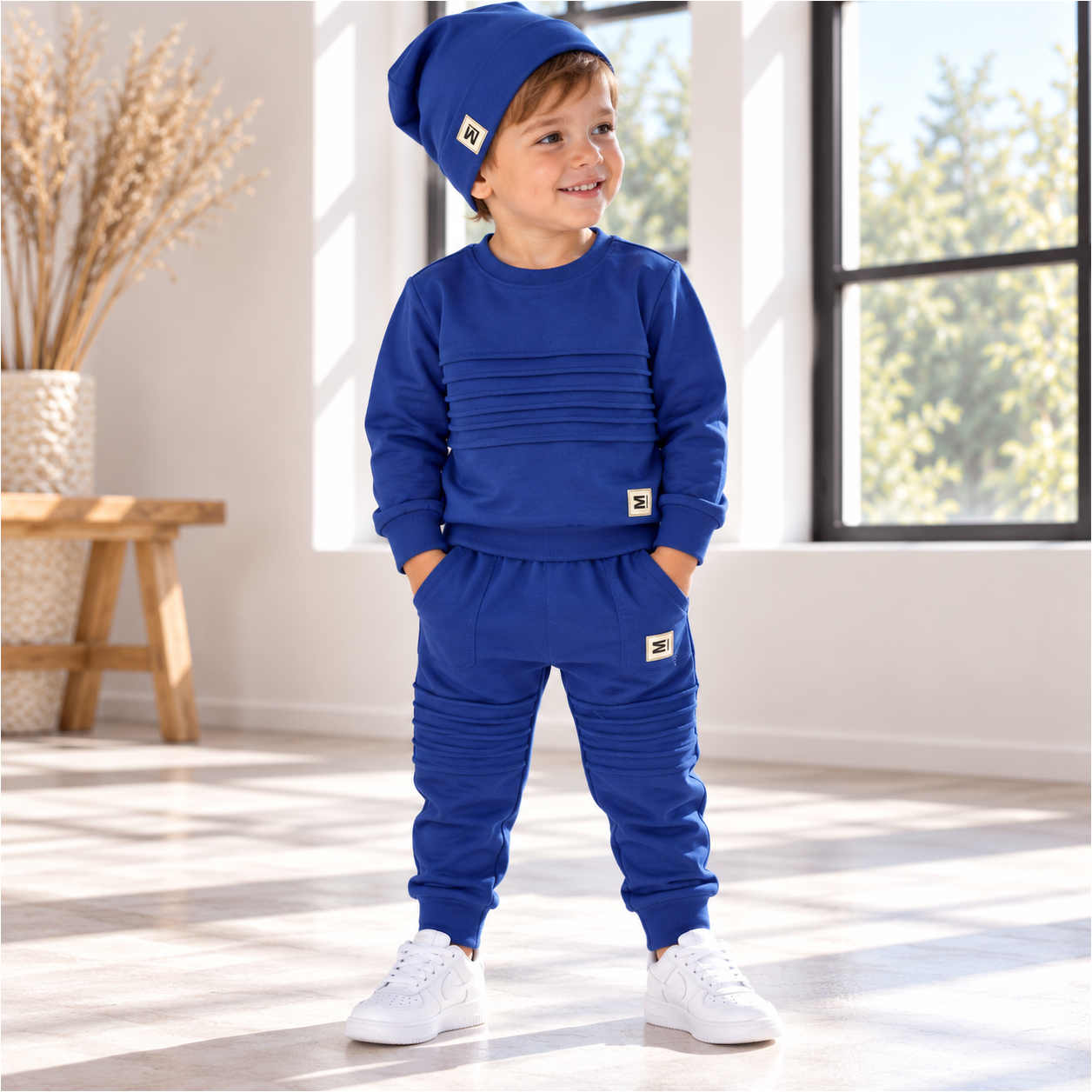 Jongens 3-delige set blauw met sweater joggingbroek en muts