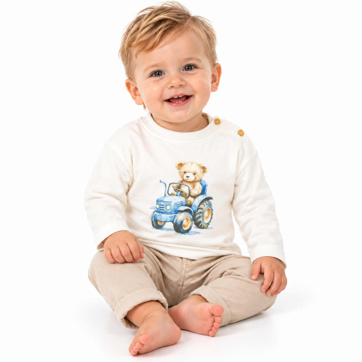 Blue Seven jongens shirt tractor crème met beertje op blauwe tractor